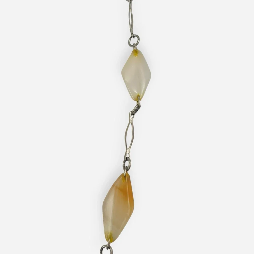 Artisan‎ Peach Beige Striped Agate Teardrop Pendant Necklace Silver Links 25.5